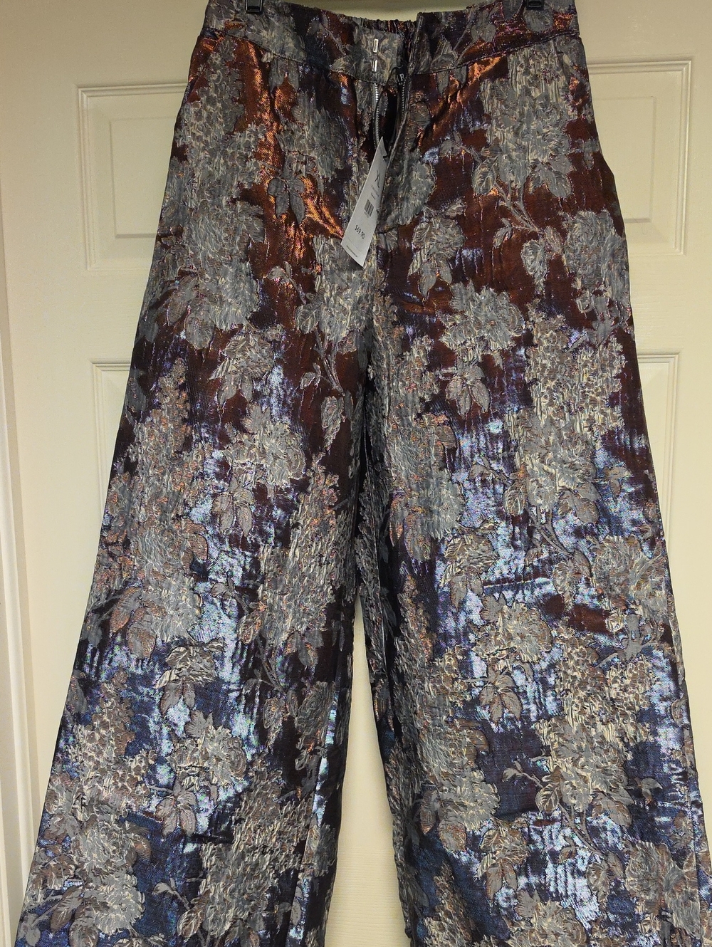 AKIRA Metallic Floral Wide-Leg Pants in Blue and Brown